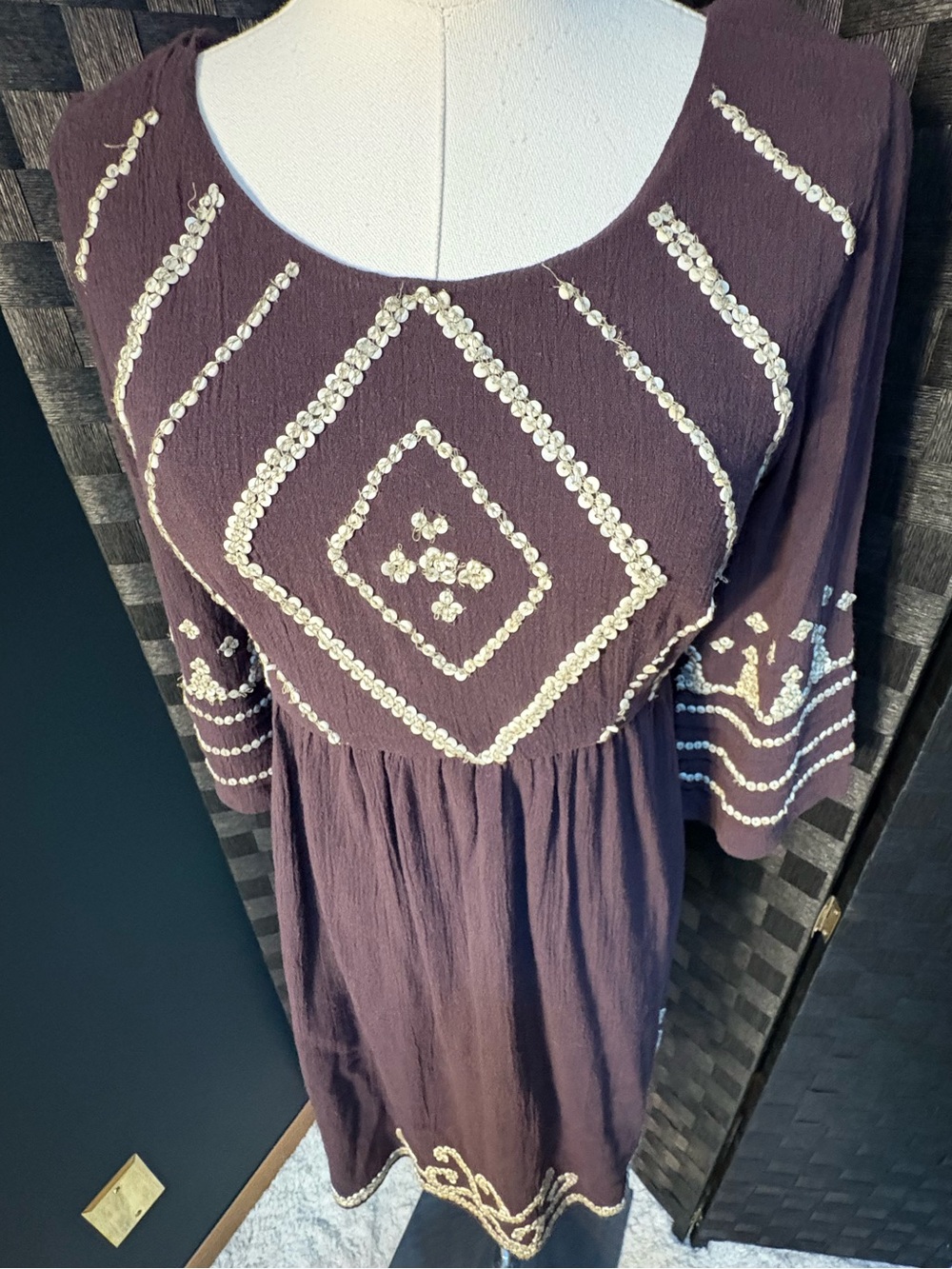 Free People Embroidered Beaded Back Cutout Peasant Dress